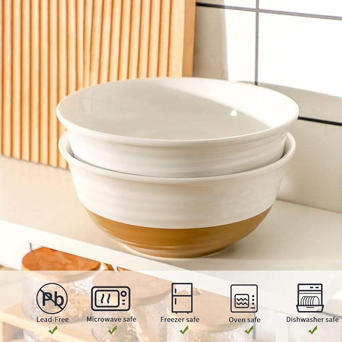 Hasense Ceramic Serving Bowls Set, 60 oz Deep Salad Bowls for Kitchen, 8.5 Inch White Serving Dishes for Christmas Entertaining, Ideal for Soup, Pasta, Side Dishes, Dishwasher Microwave Safe