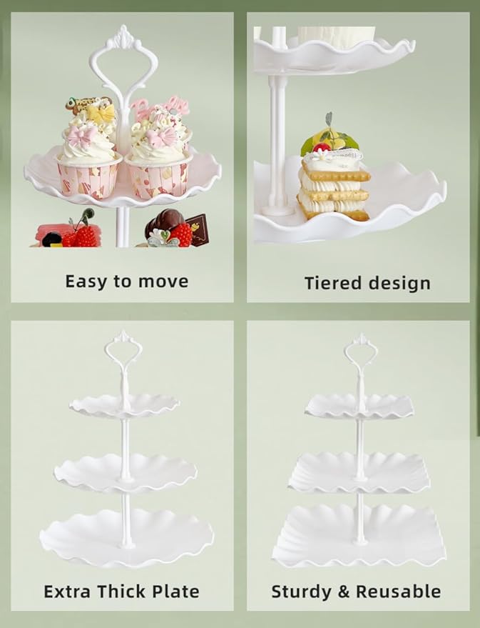 2 Set of 3-Tier Plastic Cupcake Stand Dessert Plates Mini Cakes Fruit Candy Display Tower White for Birthday Tea Party Baby Shower Serving Tray