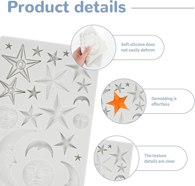 1 Pcs Star,Moon and Sun Silicone Mold for Chocolate, Fondant, Cake Decor and Epoxy DIY