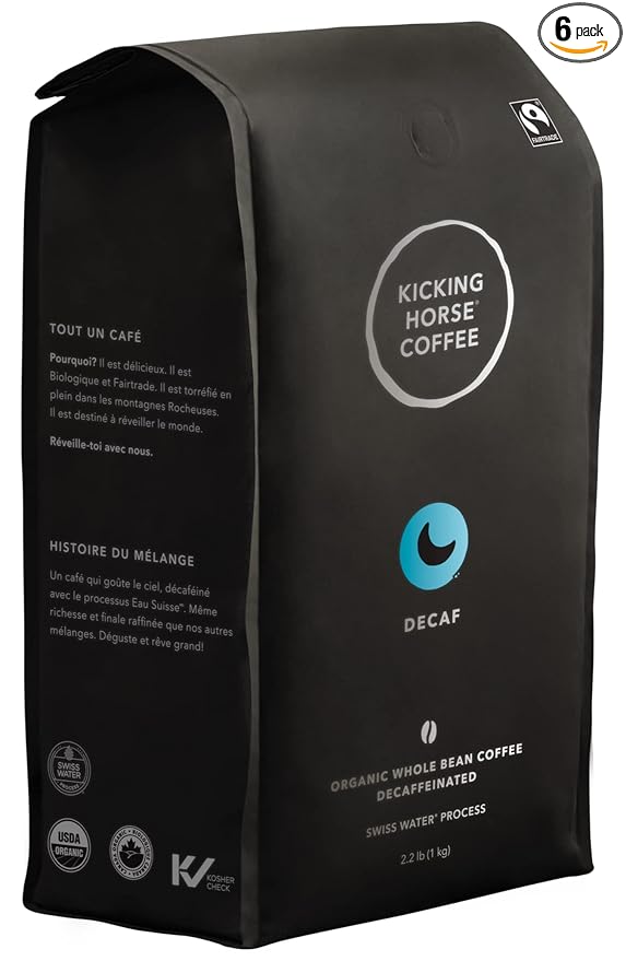Kicking Horse Coffee Decaf, Swiss Water Process, Dark Roast, Whole Bean, Certified Organic, Fairtrade, Kosher, Black, 35.274 Oz, Pack of 6