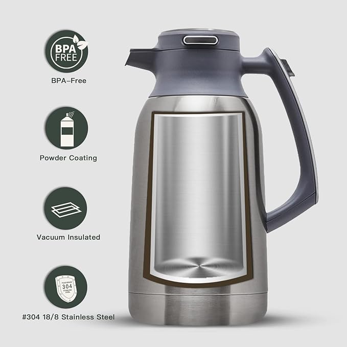 IDEUS Thermal Coffee Carafe 68oz (2,000ml), Stainless Steel Double Wall Insulated Vacuum Flask, Water Jug Coffee Server and Beverage Dispenser, Heat and Cold Retention (Metallic, 68oz (2,000ml))