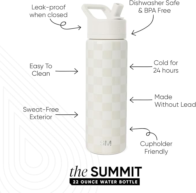 Simple Modern Water Bottle with Straw Lid | Vacuum Insulated Stainless Steel Metal | Reusable Leak Proof BPA-Free Cup for School | Summit Collection | 22oz, Cream Checkmate