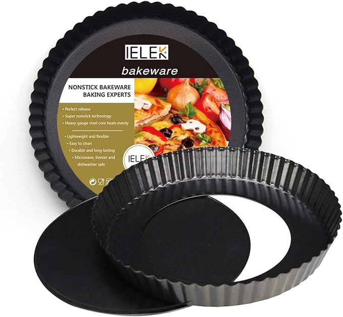 IELEK 12 Inch Non-Stick Tart Quiche Flan Pan Molds Round Removable Loose Bottom Fluted Heavy Duty Pie Pizza Pan