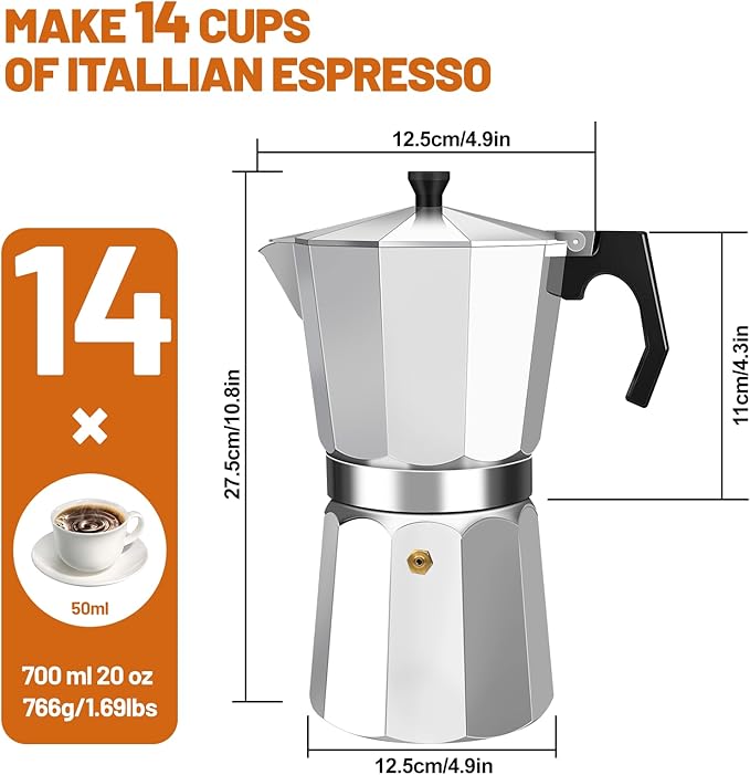 14 Cup Aluminum Espresso Stovetop Moka Pot Express Coffee Maker Percolator Italian Classic Mocha Coffee Machine for Italian and Cuban Cafe Brewing for Home & Camping 700ml 23oz