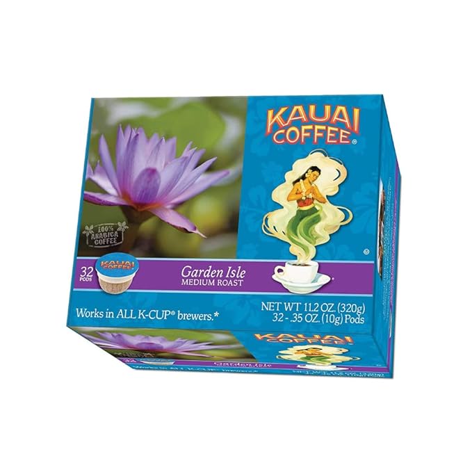 Kauai Coffee Pods Compatible with K-Cup Pods for Keurig Brewers – 20% Hawaiian Arabica – Medium Roast, Rich, Smooth, No Bitterness – Garden Isle, 1 Pack of 32 Single Serve Cups