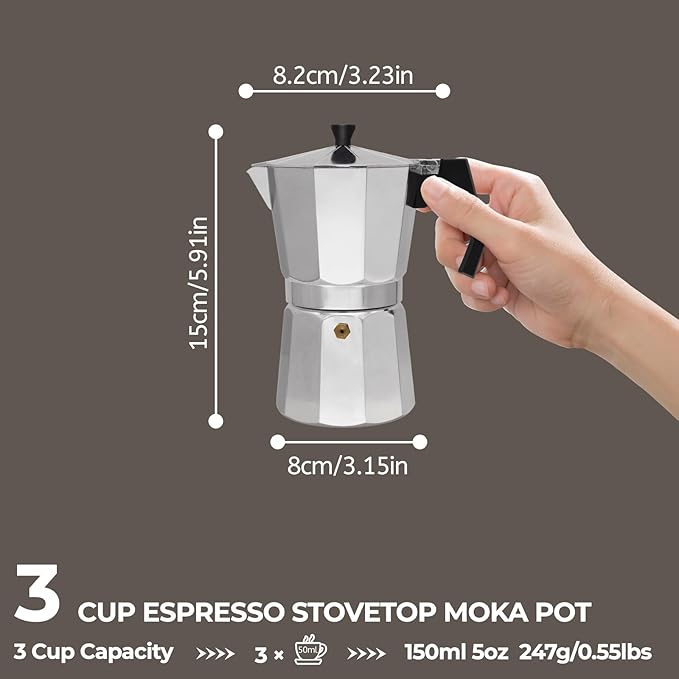 Aluminum 3 Cup 150ml Moka Pot Express Coffee Maker Stovetop Espresso Percolator Coffeemaker Italian Classic Style Brewing Greca Cafe Mocha Machine for Cafeteras Lover Camping Travel and Home Use 5oz