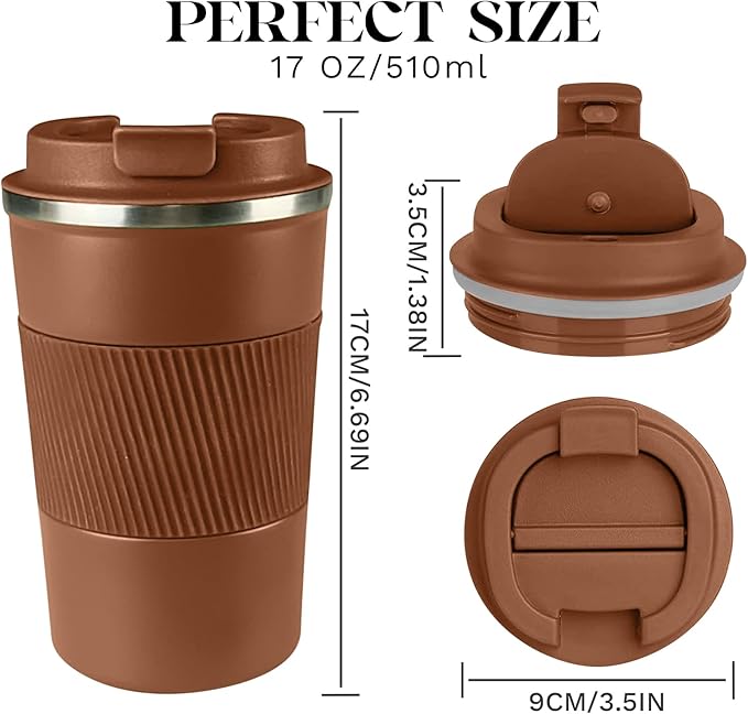 YINBAOGE Insulated Travel Coffee Mug Spill Proof Leak Proof Pobtable To Go Camping Stainless Steel Coffee Tumbler Reusable Coffee Cups with Lids Thermos for Hot and Cold Drink (Brown, 17 OZ)