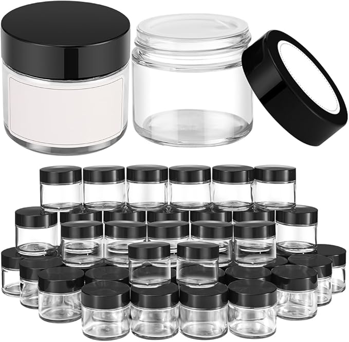 2 oz Small Glass Containers With Lids, Bumobum 48 Pack Clear Cream Jars with Lids, White Labels & Inner Liners, Empty Round Clear Cosmetic Jars for Ointments, Lotions