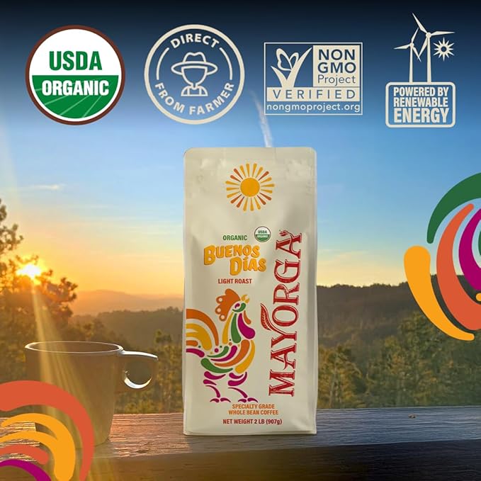 Mayorga Organic Coffee 2lb Buenos Dias - Light Roast Whole Bean Coffee Specialty Grade, 100% Arabica, Slow Roasted, Citrusy and Sweet Flavor with Low Acidity - USDA Organic, Non-GMO, Kosher