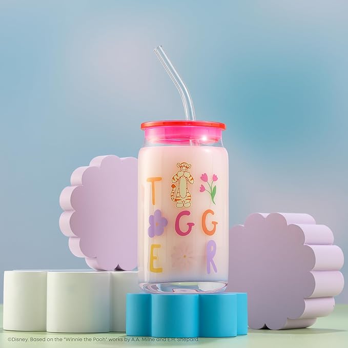 JoyJolt Disney Winnie the Pooh & Friends Flower Power Glass Tumblers with Lids and Straws, 16oz Glass Cups with Lids and Straws, Can Shaped Drinking Glasses Set of 4, Disney Gifts for Adults