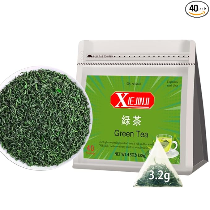 XIEJINJI Green Tea, 3.2g*40 Tea Bags, Whole Leaf Tea, No Sugar - No Additives, see-through compostable teabags