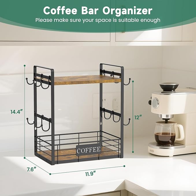 EsLuker.ly Coffee Bar Station Organizer Mug Cup Holder Stand for Countertop, Multi-Functional 2 Tier Mug Tree Rack for Kitchen, Storage Shelf with 12 Removable Hooks, Coffee Nook Enhancer