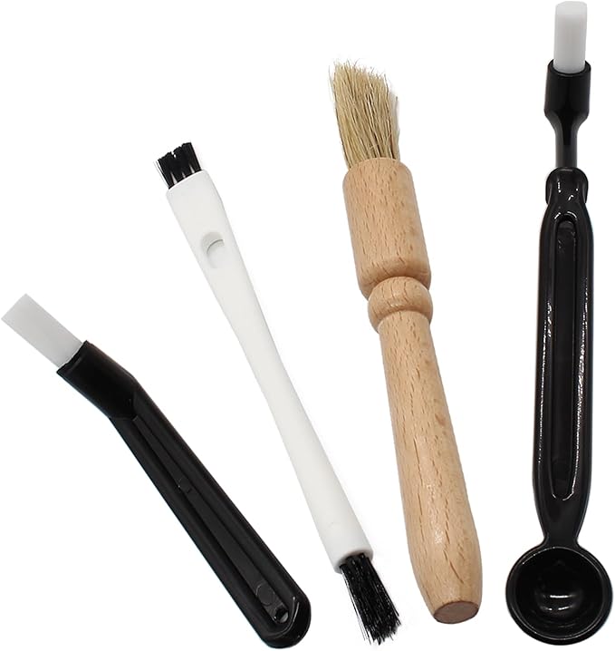 Coffee Grinder Cleaning Brush, Espresso Machine Brush Kit Wood Handle & Natural Bristles Wood Dusting Espresso Brush Set with Spoon for Bean Grain Coffee Tool (Pack of 4)