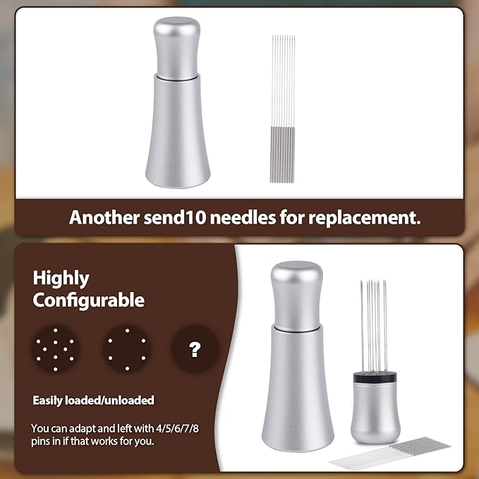 WDT tool, Espresso Distribution tools, 10 x 0.35mm 304 Stainless Steel Needles Installed with 10 Extra needles for Espresso Stirrer Replacement, Aluminum Alloy Handle with Stand (Matte Silver)