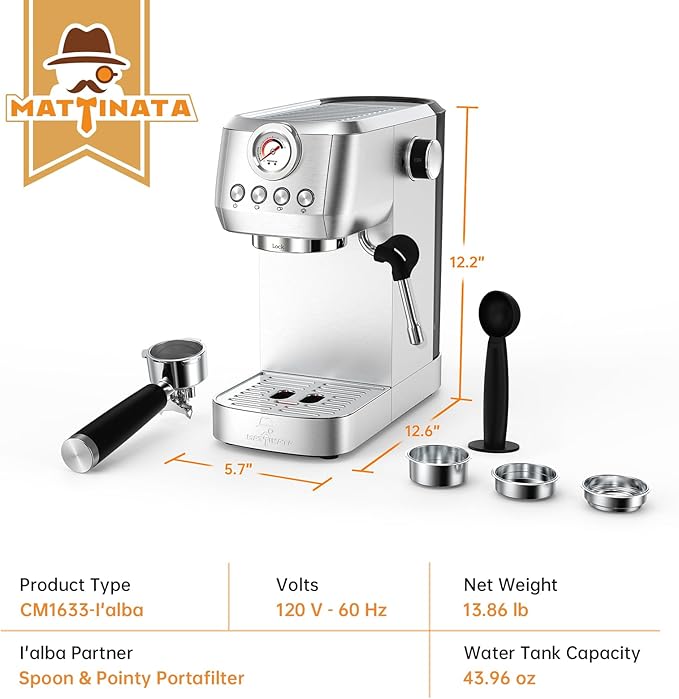 Espresso Machine 20 Bar, Espresso Coffee Maker with Professional Milk Frother Steam Wand for Cappuccino & Latte, 49oz Removable Water Tank for Home, Stainless Steel