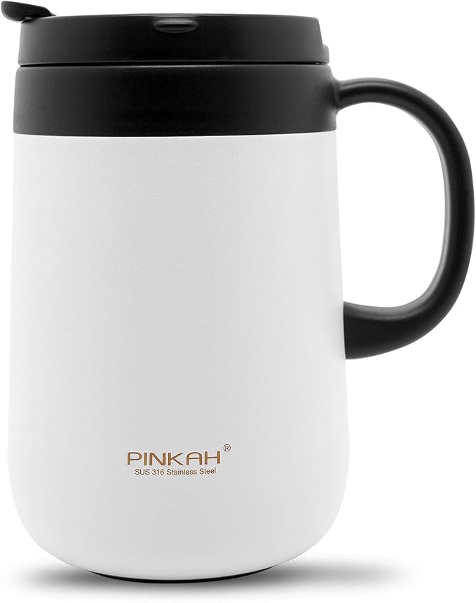 16oz Coffee Mug Cup with Handle, Insulated Stainless Steel Coffee Cup with Lid, Hot and Cold Beverages, Double Walled Vacuum Coffee Thermal Mug for Women and Men, White