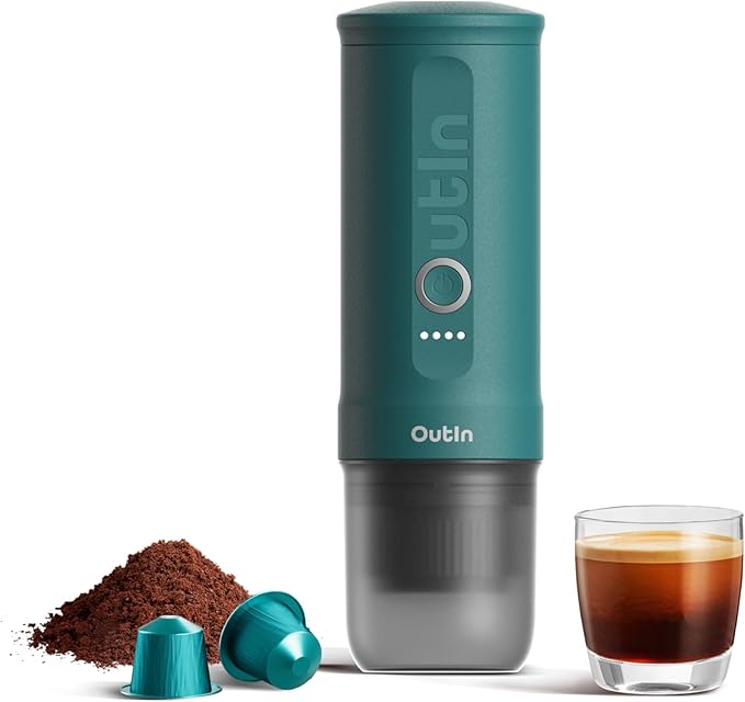 OutIn Nano Portable Electric Espresso Machine, Travel Coffee Maker for Camping, Car Coffee Maker Self-Heating with USB-C, With Ground Coffee & NS Capsule for RV, Hiking, Office