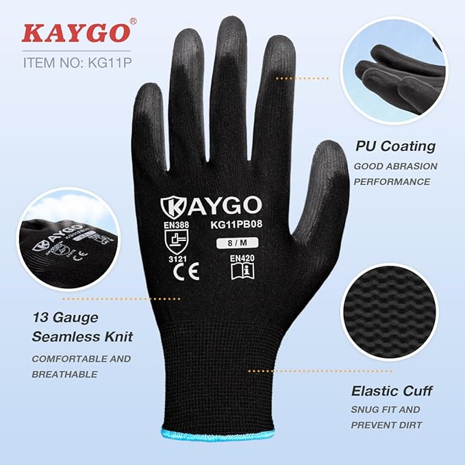 KAYGO Safety Work Gloves PU Coated,12 Pairs KG11PB Seamless Knit Glove for Men and Women, with Smooth Grip on Palm and Fingers, Ideal for General Duty Work (Medium, Black)