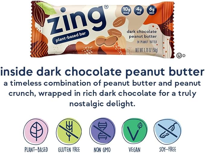 Zing Dark Chocolate Peanut Butter Vegan Protein Bars, Gluten Free with High Protein, High Fiber, Dairy Free Nutrition Bars, Plant Based Protein, Kosher, Low Sugar, No Sugar Alcohols - 12 count
