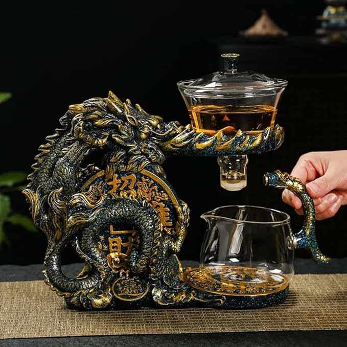 Glass Teapot Set with Infuser Semi Automatic Dragon Tea Set with 6 Small Cups (golden dragon-b)