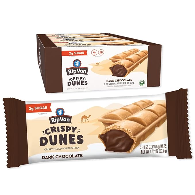 Crispy Dunes Vegan Dark Chocolate Wafer Sticks – Low-Calorie Snack with Dark Chocolate Cream Filling, 90 Calories, Non-GMO, Prebiotic Fiber - 12 Pack