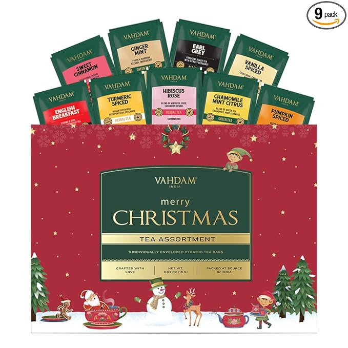 VAHDAM, Merry Christmas Tea Gift Set (9 Individually Wrapped Tea Bags) Limited Edition -Gluten Free, Non GMO | Christmas 2025 Gift Ideas | Christmas Gifts For Women 2025 & Christmas Gifts For Men 2025