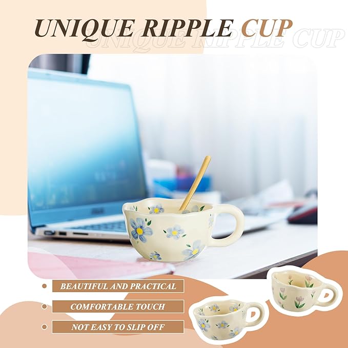 Vesici 2 Pcs Ceramic Coffee Mugs Flower Cups with Spoon Vintage Floral Mugs with Handle 8.5 oz Aesthetic Tea Porcelain Cup Gift for Valentine Office Home, Dishwasher and Microwave Safe(Vibrant)