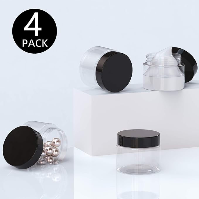 Patelai 4 Pieces Round Wide-mouth Leak Proof Plastic Container Jars with Lids for Travel Storage Makeup Beauty Products Face Creams Oils Salves Ointments DIY Making(2 Ounce,Black)