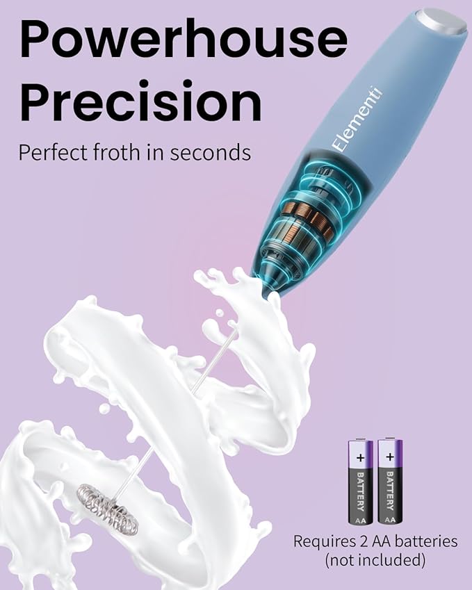 Elementi Electric Milk Frother Handheld - Create Creamy Coffee, Delicious Matcha and Perfect Drinks - Compact Whisk & Mixer with Stand - Light Blue