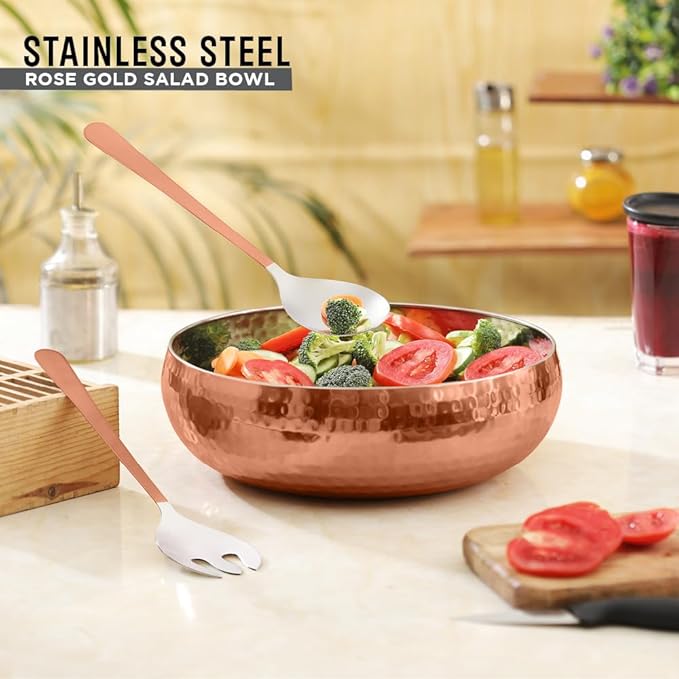 Avador® Set of 3 Premium Stainless Steel Salad Mixing Bowl Hammered Finish | Handmade | Includes Salad Serving Utensils (Copper Plated)