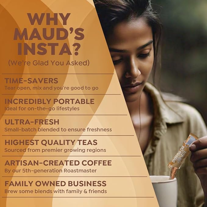 Maud's Spiced Chai Tea Latte Instant Packets, 16 ct, 100% Gourmet Blended Tea Leaves, Instant Hot or Iced Chai Tea Latte - Just add water