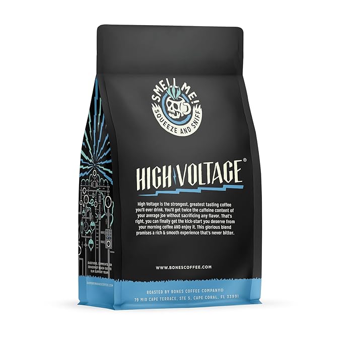 Bones Coffee Company High Voltage, Highly Caffeinated Unflavored Coffee, Medium Roast Low Acid Arabica Beans Compatible with Auto drip and French Press Coffee Maker, 12 Oz Ground