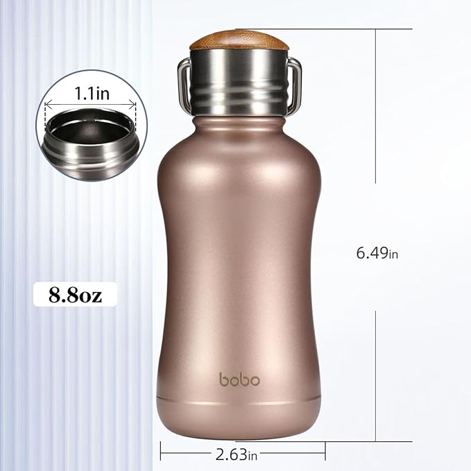 YOHKOH Mini Insulated Water Bottle With Bamboo Lid - 8.8oz Small Vacuum Insulated Water Bottle for Women Kids, 12 Hrs Hot & 24 Hrs Cold Stainless Steel Thermos Leak-Proof BPA-Free (8.8oz,Gold)