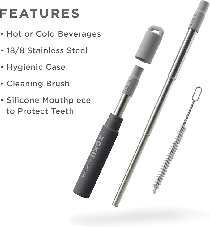 ZOKU Reusable Metal Straw with Case for Travel, Grey - Collapsible Stainless Steel Drinking Straw with Silicone Tip and Cleaner Brush, Ideal for Key Chains, Pockets, Purses