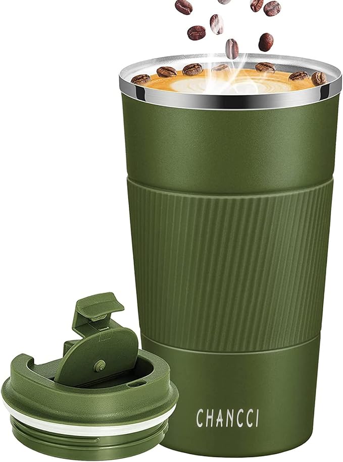 16oz Travel Coffee Mug Spill Proof, Insulated Coffee Mug with Lid, Leakproof Coffee Tumbler,Stainless Steel Vacuum Coffee Cup for Hot/Cold Drinks, Reusable Coffee Cup for Men Women -510ml,Dark Green
