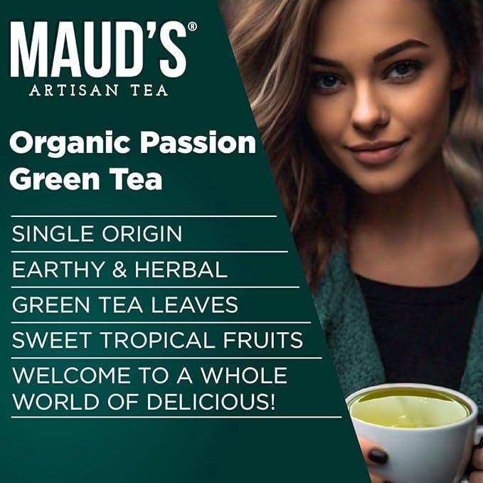 Maud's Organic Passion Green Tea Pods, 100 ct, Recyclable Single Serve Tea Pods – 100% Gourmet Blended Tea Leaves, Compatible with Keurig K Cups Maker