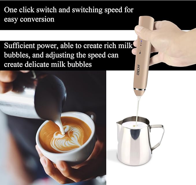 Delm Milk Frother Electric USB Stainless Steel Accessory - Frother Wand Foam Maker for Lattes - Milk Frother Handheld for Cappuccino, Frappe, Matcha, Hot Chocolate - Frother for Coffee (beige/gold)