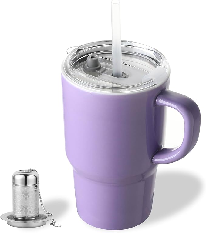 Sweejar Ceramic Travel Mug with Lid, 16 oz Portable Coffee Mug, Dishwasher Safe Tea Cup with Infuser, Reusable Teacup for Car Cup Holder, Tea Lovers(Purple)
