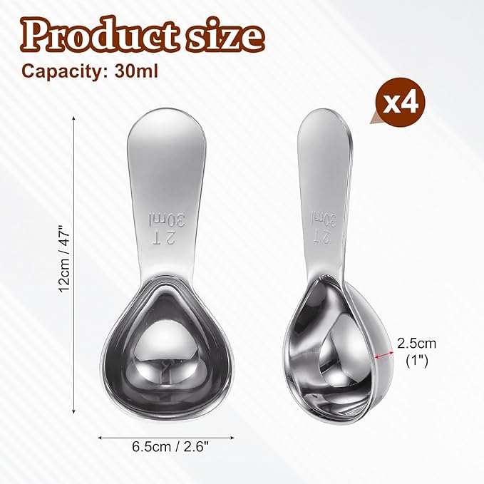 uxcell 2Pcs Stainless Steel Coffee Scoop, 30ml Short Handle Measuring Spoon for Ground Coffee Tea Sugar Kitchen Gifts, Silver