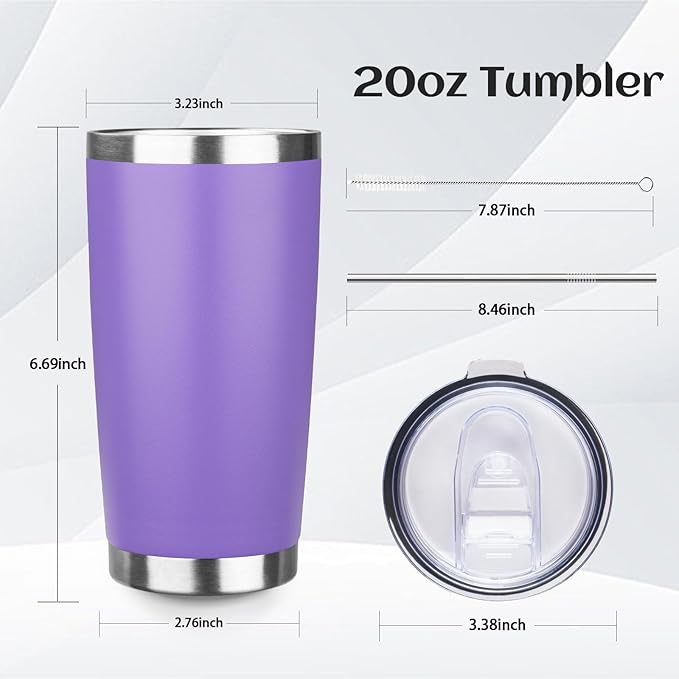 20oz Tumbler Bulk with Lid and Straw, Stainless Steel Double Wall Vacuum Insulated Travel Mug, Powder Coated Coffee Cups for Hot and Cold Drinks,Funny Gifts for Women Men(Purple,1)