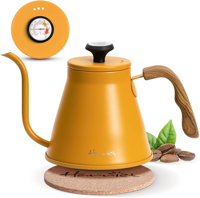 Harriet Gooseneck Kettle with Thermometer for Pour Over Coffee and Tea, 37 fl oz, Stainless Steel, Durable 3-Layer Base, Ideal Spout for Precision Pouring, Compatible with all Stove Tops, Yellow