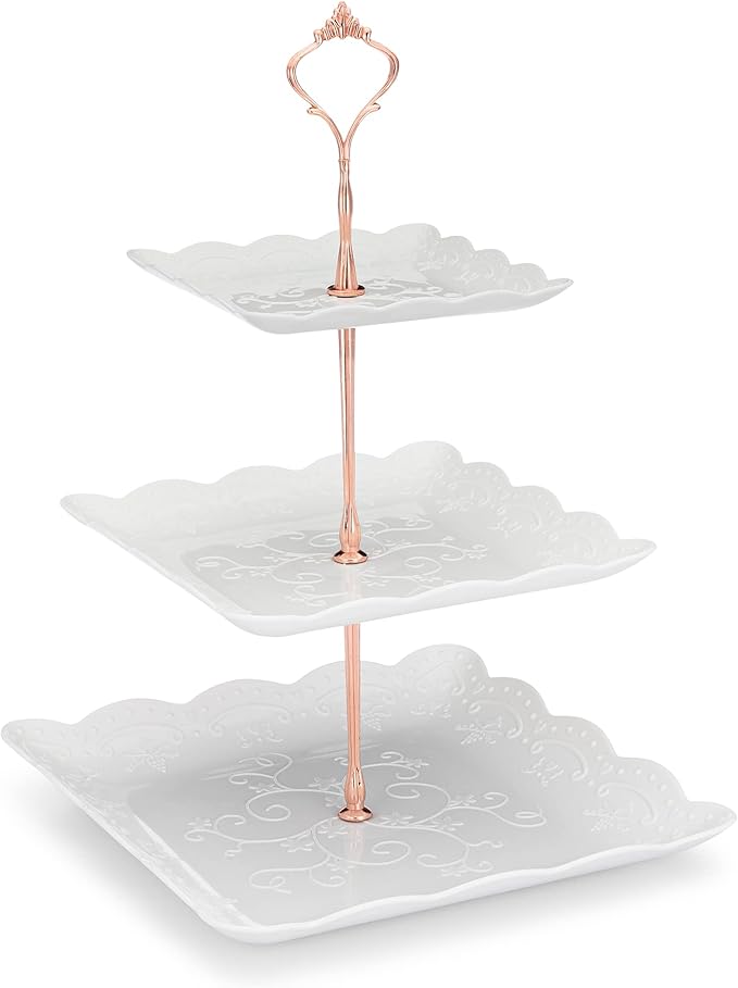 3 Tier Cupcake Stand - Dessert Table Display Set, Tiered Serving Cake Tray, White Embossed Dessert Stand, Parties Serving Plate, Decorative Centerpiece to Any Occasion - (Square)