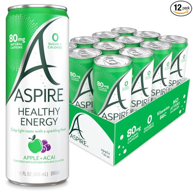 ASPIRE® Apple Acai, Healthy Energy Drink 80mg Natural Caffeine, Zero Sugar No Carbs Keto Friendly, 12 Pack Green Tea Sugar Free Drink Low Caffeine Zero Calorie