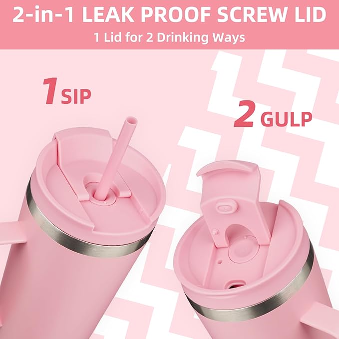 BJPKPK Insulated Tumbler with Handle, 26oz Insulated Tumblers with Lid and Straw, Stainless Steel Metal Water Bottles, Coffee Travel Mugs, Cups, Light Pink