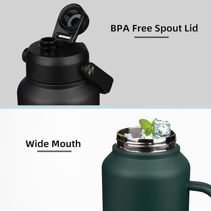 BJPKPK 64oz Insulated Water Bottle with Handle, Large Dishwasher Safe Half Gallon Water Bottle, BPA Free Water Jug, Wide Mouth Metal Water Bottle with Anti-slip Bottom, Keep Cold & Hot, Black