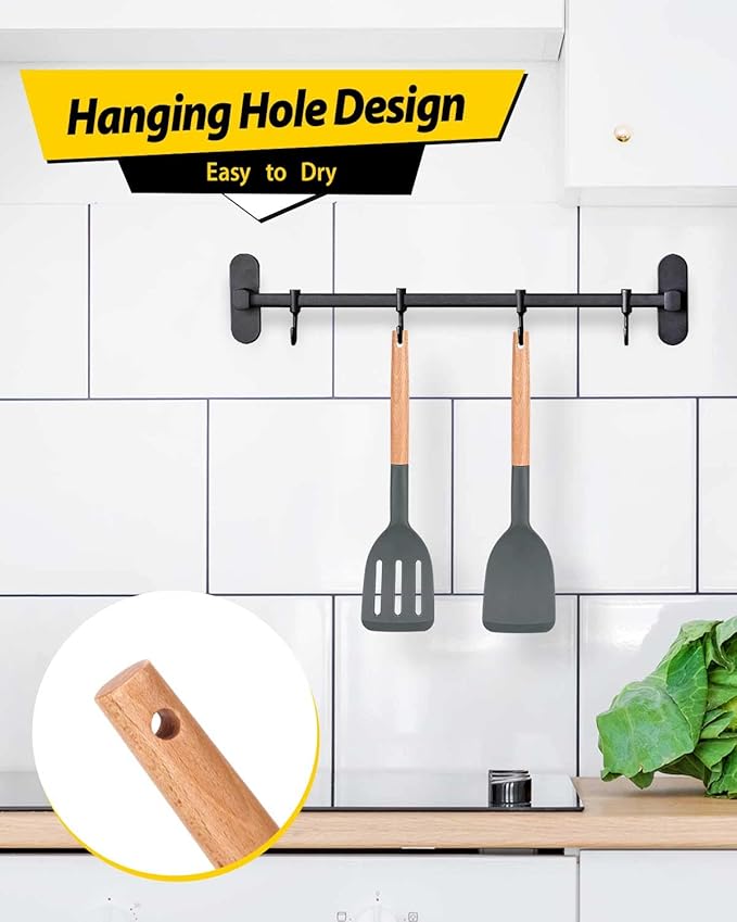 Pack of 2 Silicone Cooking Spatula, Heat Resistant Solid Turner, Non Stick Slotted Spatulas with Wooden Short Handle,Ideal Wood Kitchen Utensils Set for Frying, Baking, Flipping, Turning
