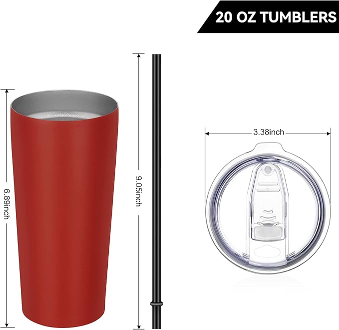 VEGOND 20oz Tumbler Bulk with Lid and Straw 6 Pack, Stainless Steel Vacuum Insulated Tumbler, Double Wall Coffee Cup Travel Mug, Red