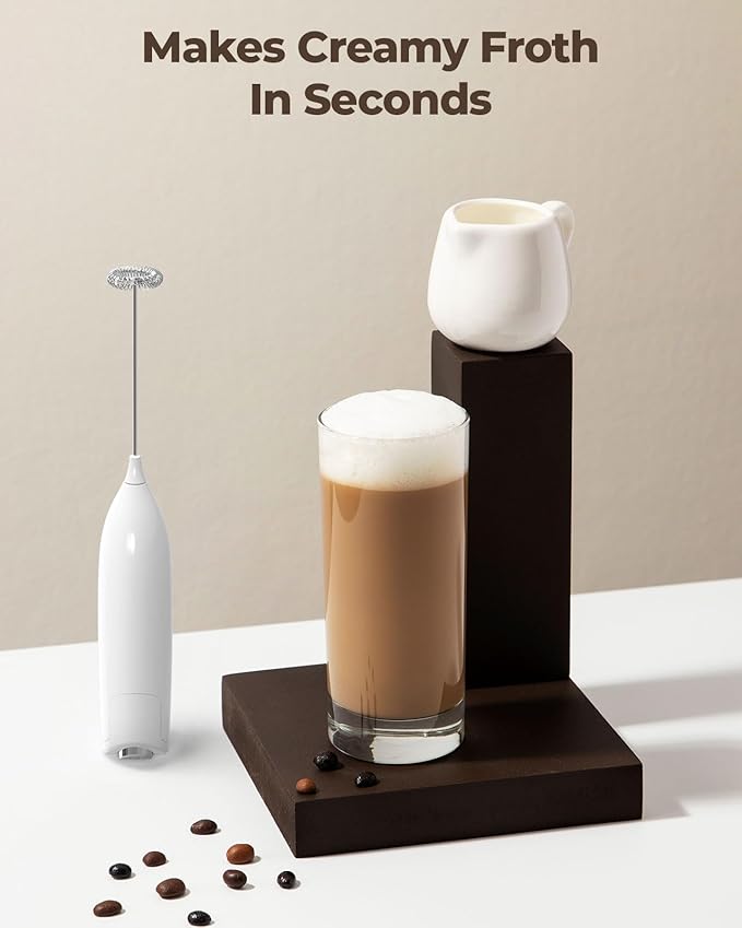 SIMPLETaste Milk Frother Handheld Battery Operated Electric Foam Maker, White Drink Mixer with Stainless Steel Whisk for Cappuccino, Bulletproof Coffee, Latte