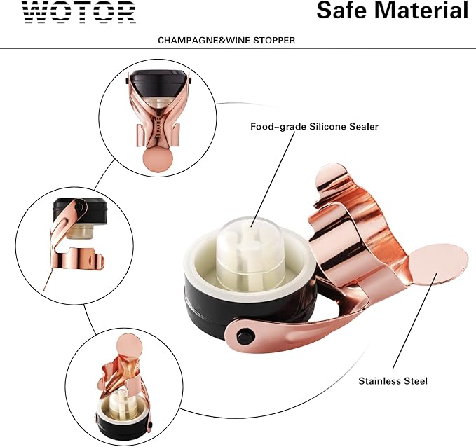 WOTOR Champagne&Wine Bottle Stoppers Stainless Steel with Food Grade Silicone, Leak Proof Keep Fresh Reusable Saver, Cork Suitable for Wine, Champagne, Cava, Prosecco and Sparkling (12 Pack Rosegold）