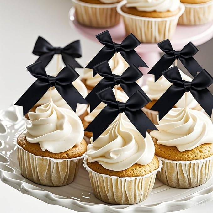 Black Bow Cupcake Toppers,Black Bow Birthday Decoration, Bow Themed Party Decorations Coquette Cake Decoration for Bachelorette Bridal Engagement Birthday Wedding Baby Shower Party Decor